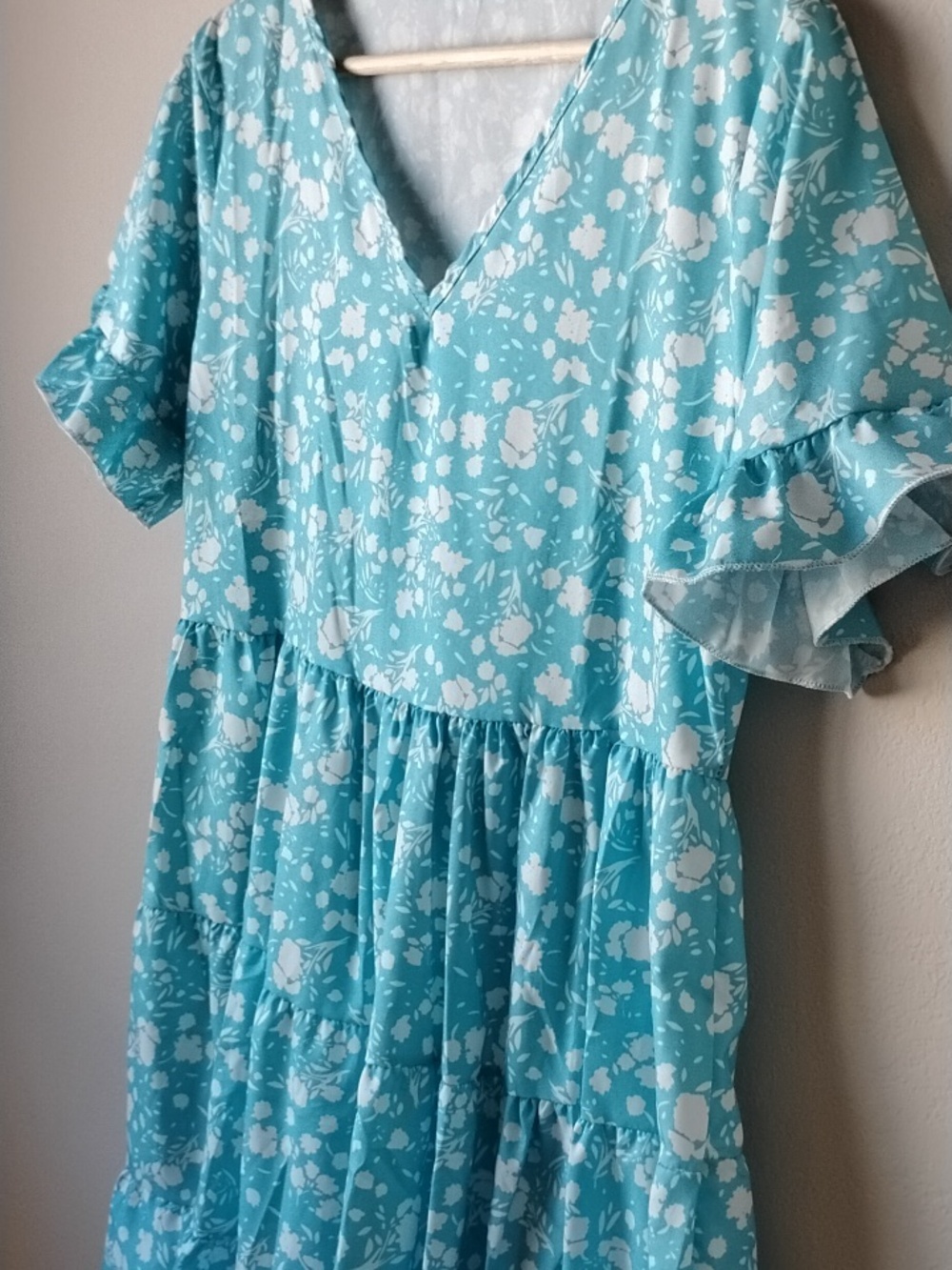 Classic Aqua Floral Women's Dress with Ruffle Sleeves - Picture 3 of 10